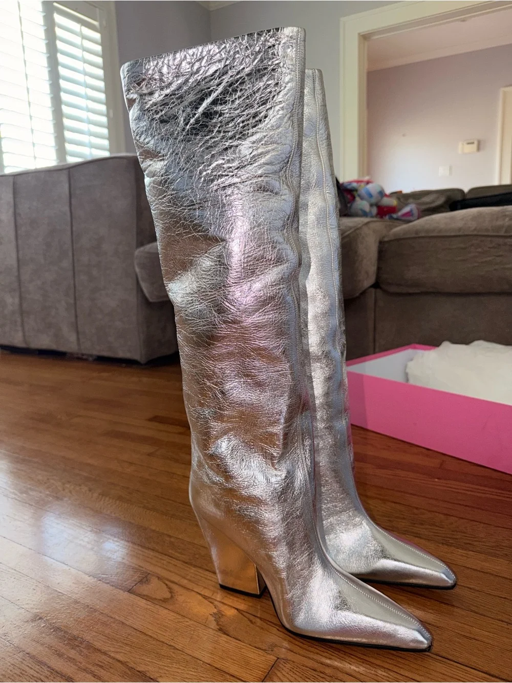 Paris Texas Jane Silver Over-the-Knee Crinkled Leather Metallic Boots New In Box